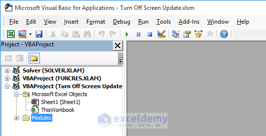 Opening VBA Window to Turn Off Screen Update Using Excel VBA