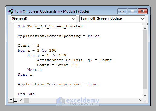 Putting the VBA Code to Turn Off Screen Update Using Excel VBA