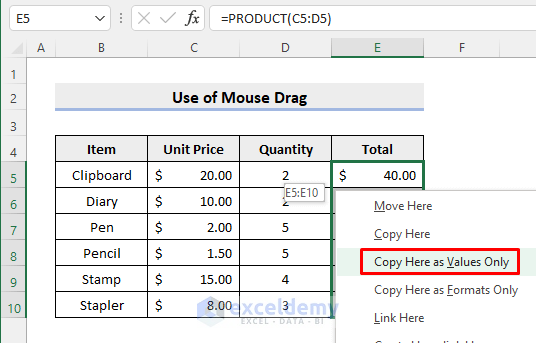 Drag the Mouse to Convert Formula to Value in Multiple Cells in Excel