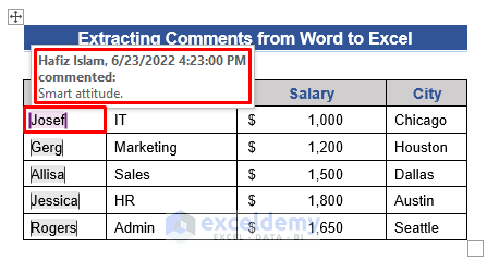 Extract Comments from Word Document into Excel