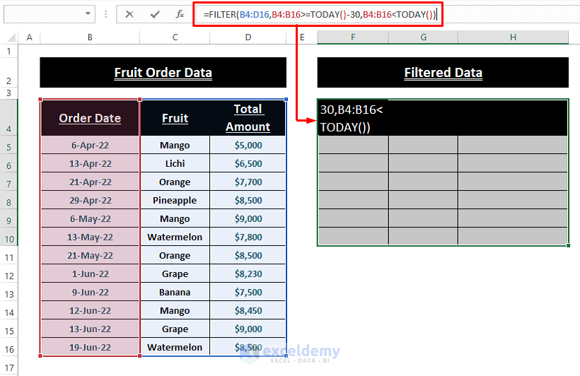 FILTER Function-Excel Date Filter Last 30 Days