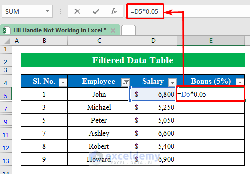 Clear Filter from Data Table Solve Fill Handle Not Working in Excel