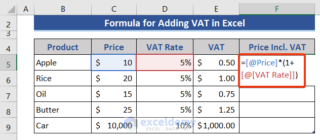 Add VAT with Selling Price using Excel Formula