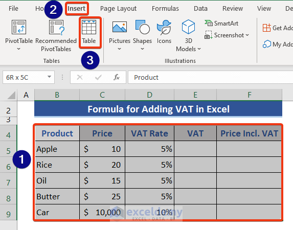 Price List with VAT Rate and Form a Table in Excel