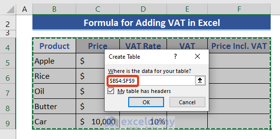 Price List with VAT Rate and Form a Table in Excel