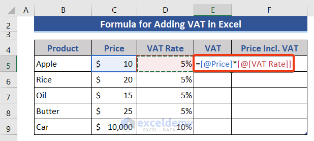 Calculate Corresponding VAT for Each Product in Excel