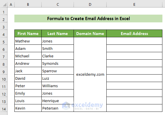 Dataset to Create Email Address in Excel