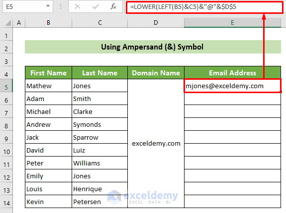 Formula to Create Email Address in Excel Using Ampersand Symbol