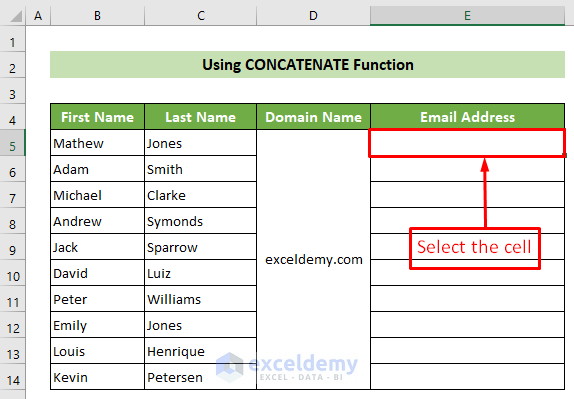 Select Cell to Insert Formula to Create Email Address