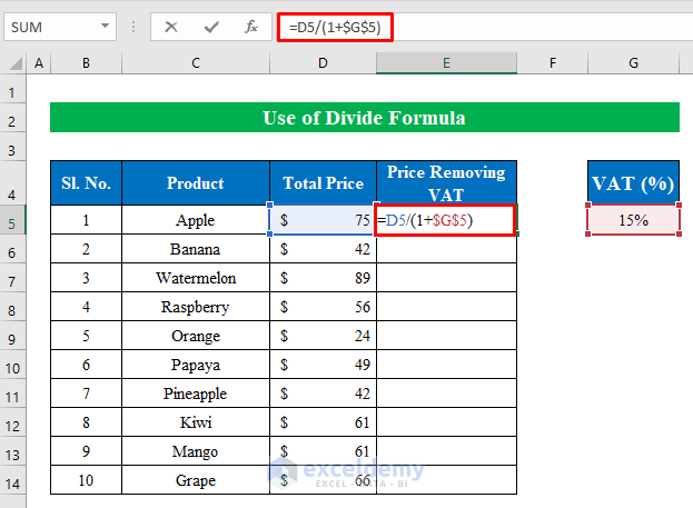 Use Divide Formula to Remove VAT in Excel