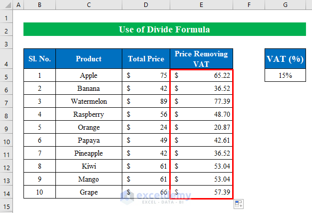Use Divide Formula to Remove VAT in Excel