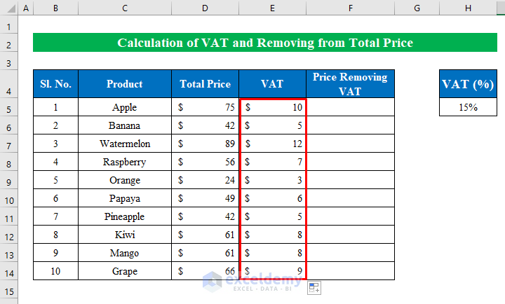 Calculate VAT and Remove from Total Price