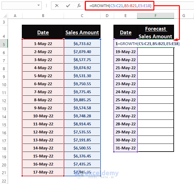 GROWTH Function-Forecast Sales Using Historical Data in Excel