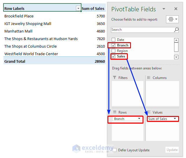 Organize Data in Excel Pivot Table