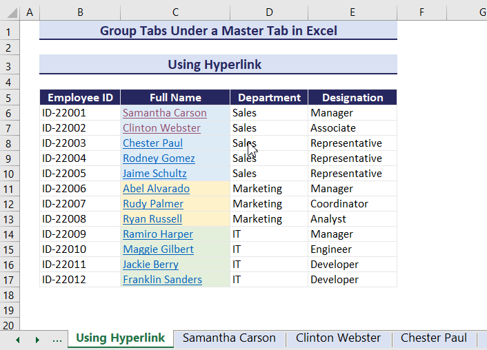 Group tabs under a master tab in Excel
