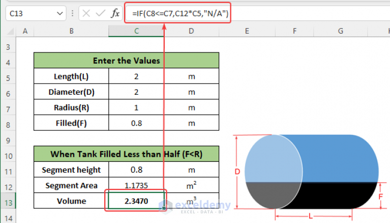 Horizontal Cylindrical Tank Volume Calculator in Excel