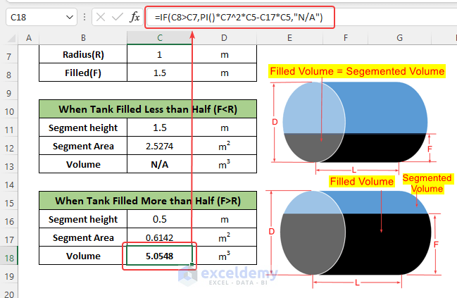 Volume Formula of Horizontal Cylindrical Tank Calculator in Excel