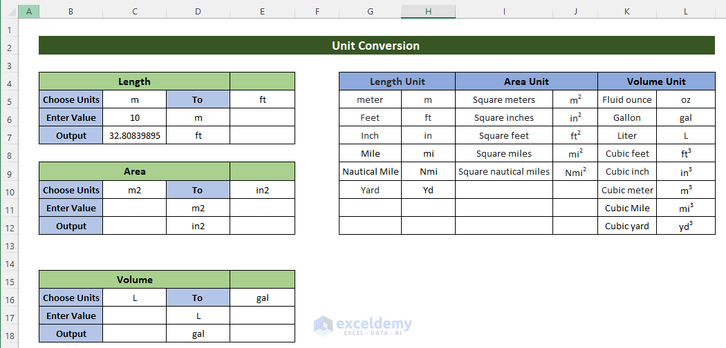 Measurement Unit Converter worksheet in Excel