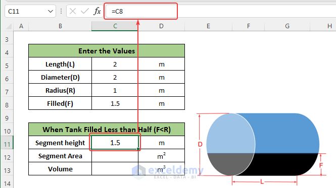 segment height of Horizontal Cylindrical Tank Volume Calculator in Excel