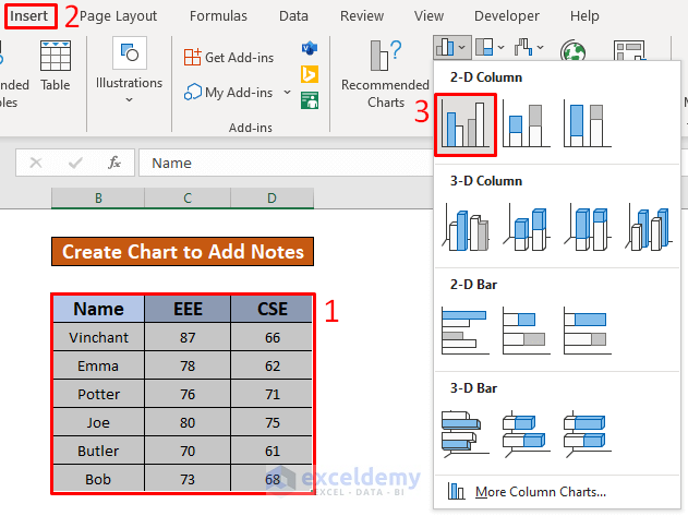 Create a Column Chart to Add Notes in Excel