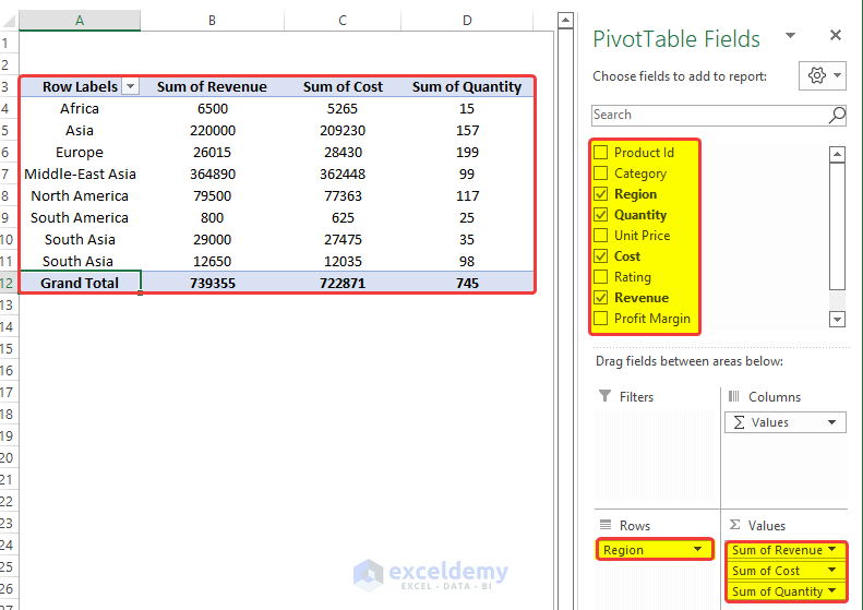 Selecting Various Fields to Pivot Table Areas to Analyze Data in Excel Using Pivot Tables