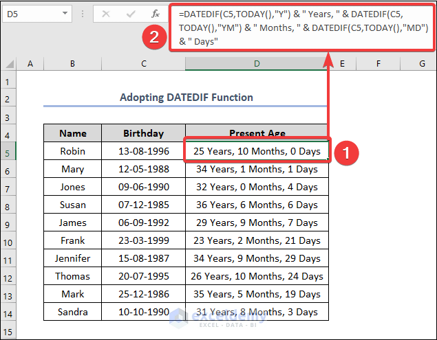 Calculate Age in Excel from Birthday Using DATEDIF Function