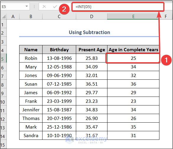 Calculate Age in Excel from Birthday Using INT Function