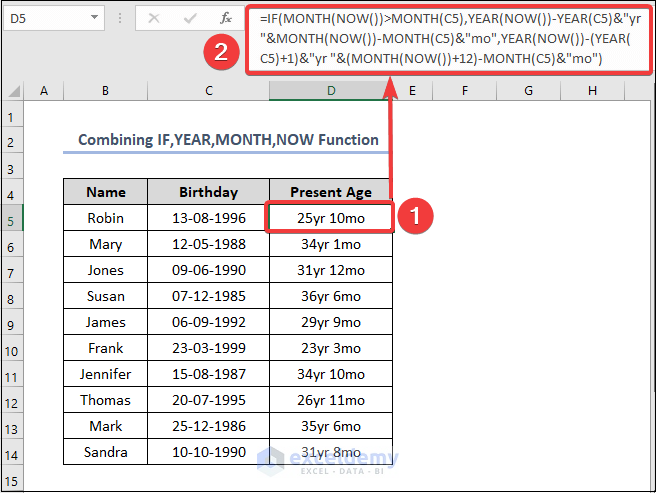 Calculate Age in Excel from Birthday Using Combination of Functions