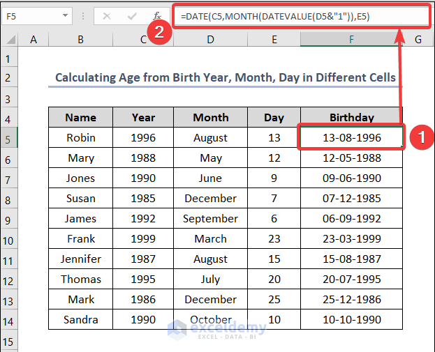Calculate Age in Excel from Birthday Using DATE and DATEVALUE Function