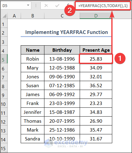 Calculate Age in Excel from Birthday Using YEARFRAC Function
