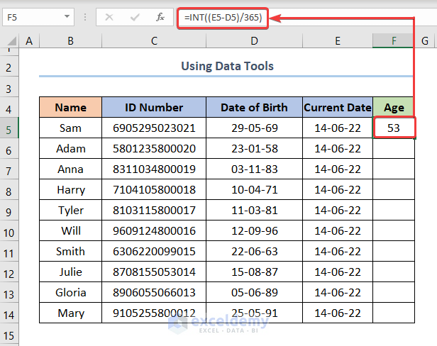 How to Calculate Age in Excel from ID Number Using Data Tools