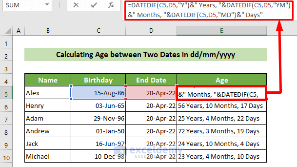 Calculate Age at Given Date in Excel in dd/mm/yyyy