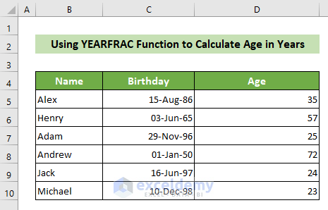 Calculated Age in Excel 