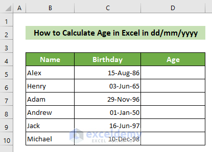 Dataset to Calculate Age in Excel