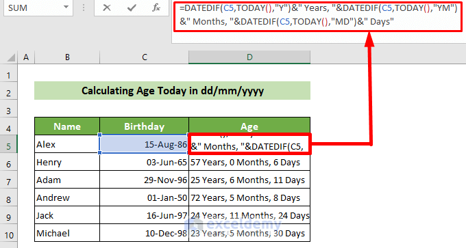 Calculate Age Today in Excel in dd/mm/yyyy