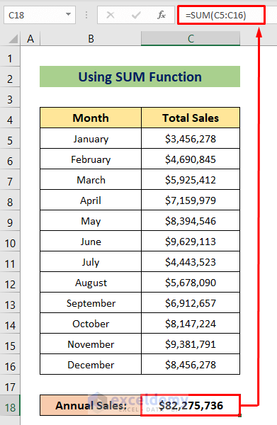 Using Excel SUM Function to Calculate Annual Sales