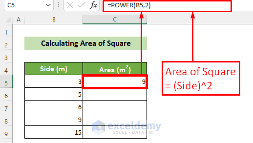 Calculate Area of Square in Excel Sheet