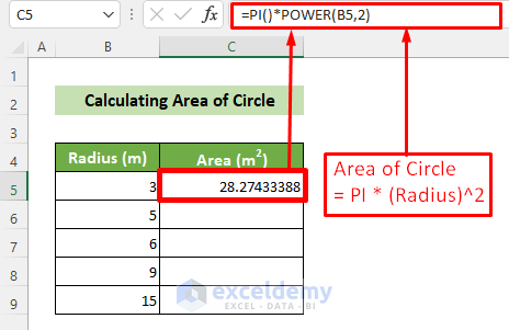 Calculate Area of Circle in Excel Sheet