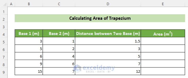 Trapezium Dimensions to Calculate Area