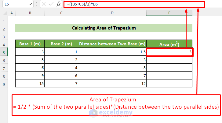 Calculate Trapezium Area in Excel Sheet