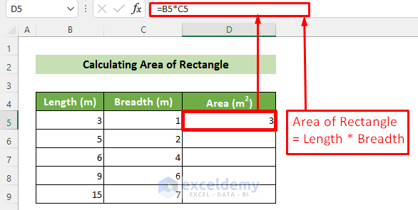 Calculate Rectangle Area in Excel Sheet
