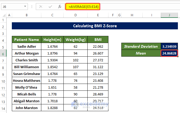 Calculate Standard Deviation and Mean of Dataset to Calculate BMI Z Score in Excel 