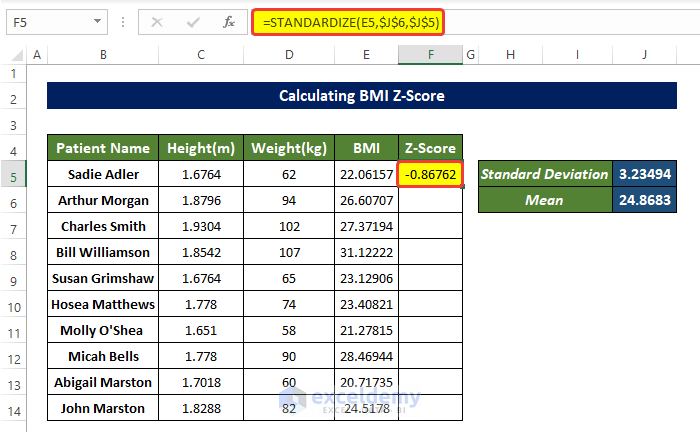 Use of the STANDARDIZE function to Calculate BMI Z Score in Excel 