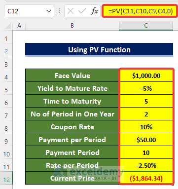 Using PV Function to Calculate Bond Price with Negative Yield in Excel