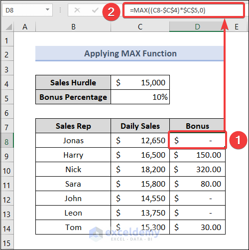 How to Calculate Bonus in Excel Using MAX Function