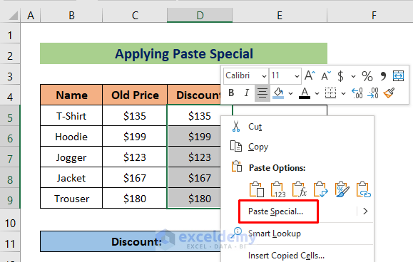 Applying Excel Paste Special to Calculate Discount Price