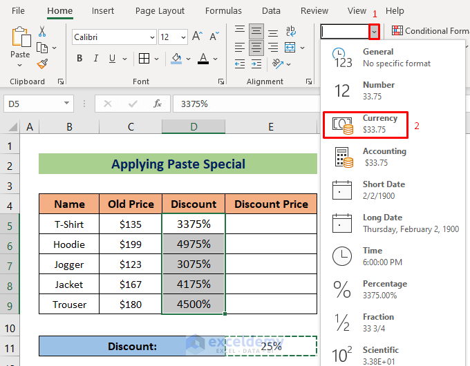 Applying Excel Paste Special to Calculate Discount Price