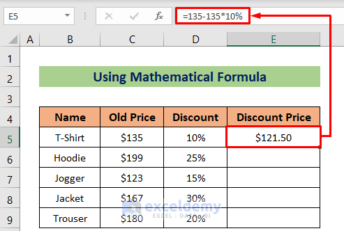 Using Mathematical Formula to Calculate Discount Price in Excel
