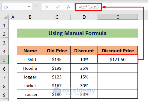 Using Manual Formula in Excel to Calculate Discount Price