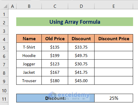 Using Array Formula in Excel to Calculate Discount Price